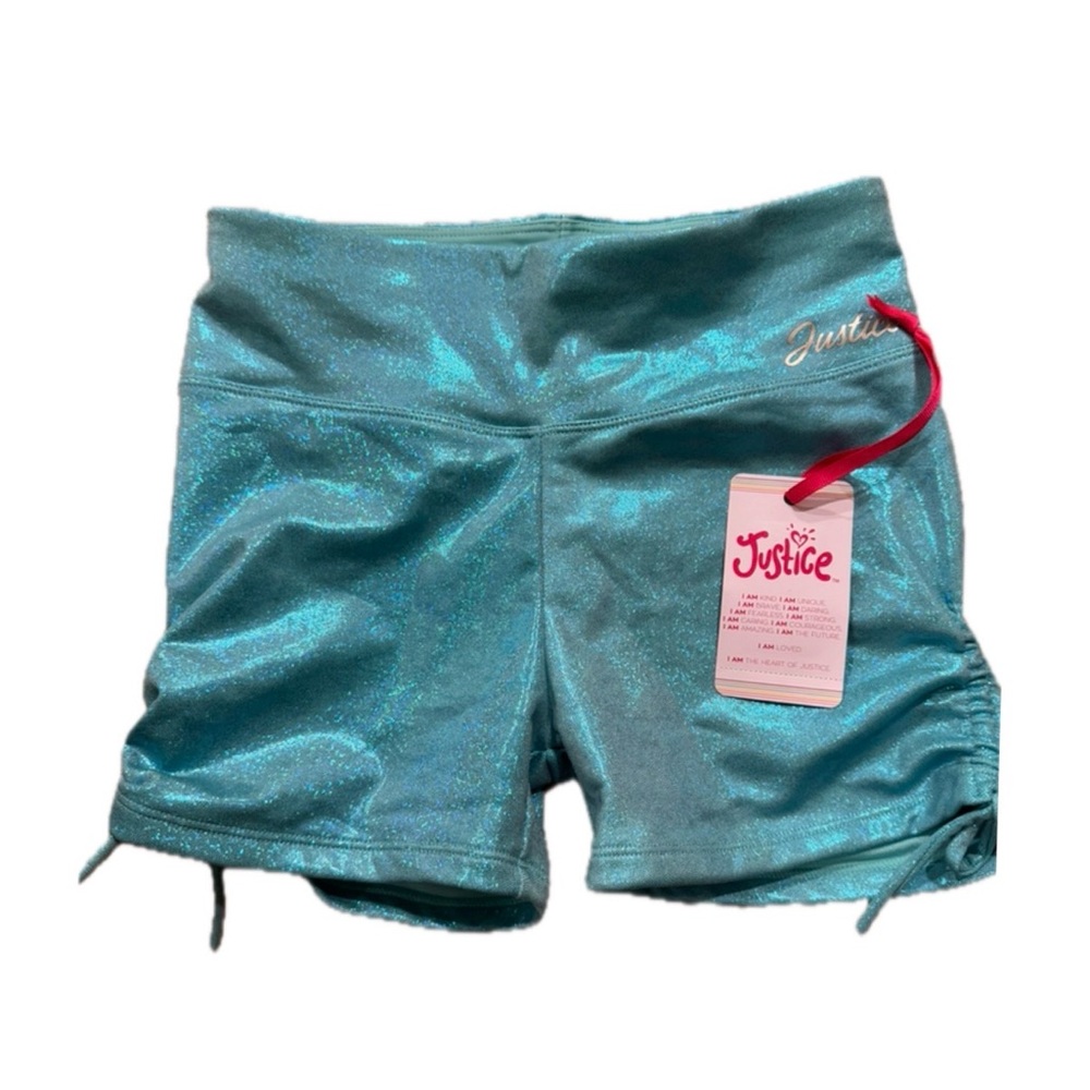Justice Sparkling Teal Athletic Shorts Tumbling Spandex Shimmering
